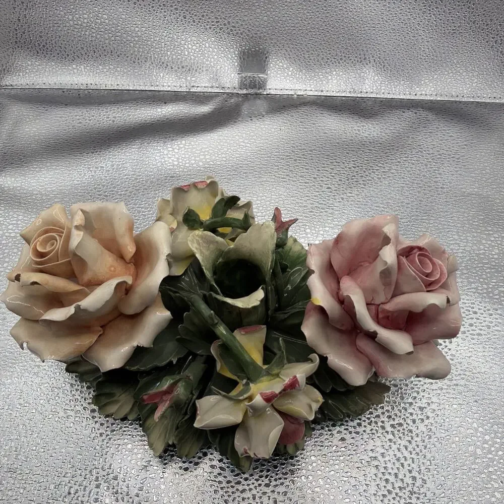 Pair Of Vintage Porcelain Floral Capodimonte Candle Holders Centerpiece